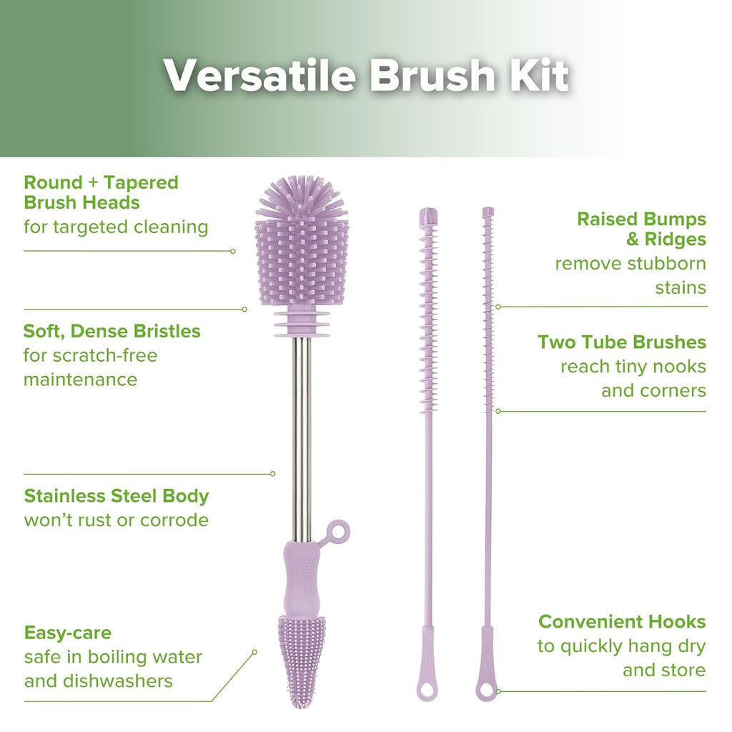 haakaa Silicone Cleaning Brush Kit - Baby Bottle Brush Cleaner for Breast Pump,Nipple,Breast Milk Storage Bag,Reusable Straw,Sippy Cup - Food Grade Silicone Bristles, Portable - 3 Pcs - Lavender