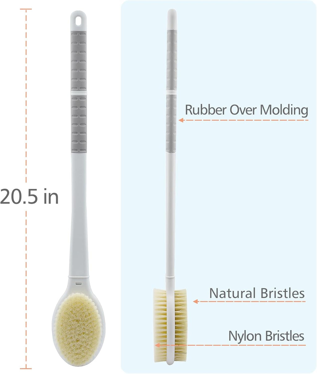 Shower Brush with Soft and Stiff Bristles,20.5" Extra Long Handle Dual-Sided Back Scrubber Bath Brush Body Exfoliator for Wet or Dry Brushing (Grey)(Super Long Handle)