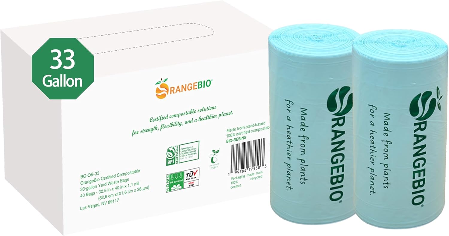 OrangeBio 33 Gallon Home Compostable Yard Waste Bags, 40 Count, 1.1 Mil, Lawn & Leaf Bags US BPI ASTM D6400 and OK Compost Home Certified