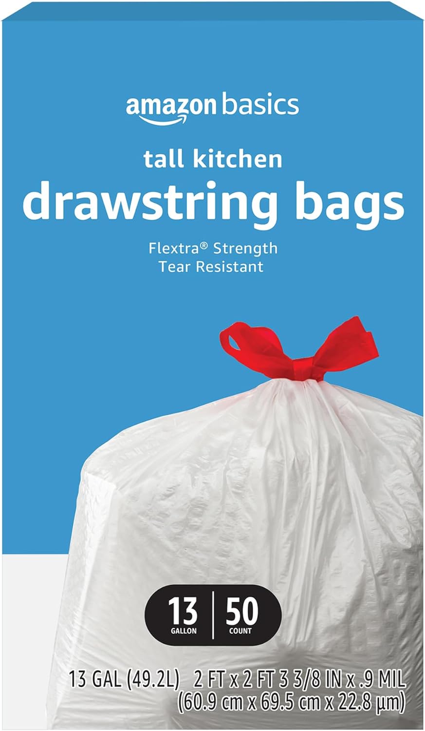 Amazon Basics Flextra Tall Kitchen Drawstring Trash Bags, 13 Gallon, Unscented, 50 Count