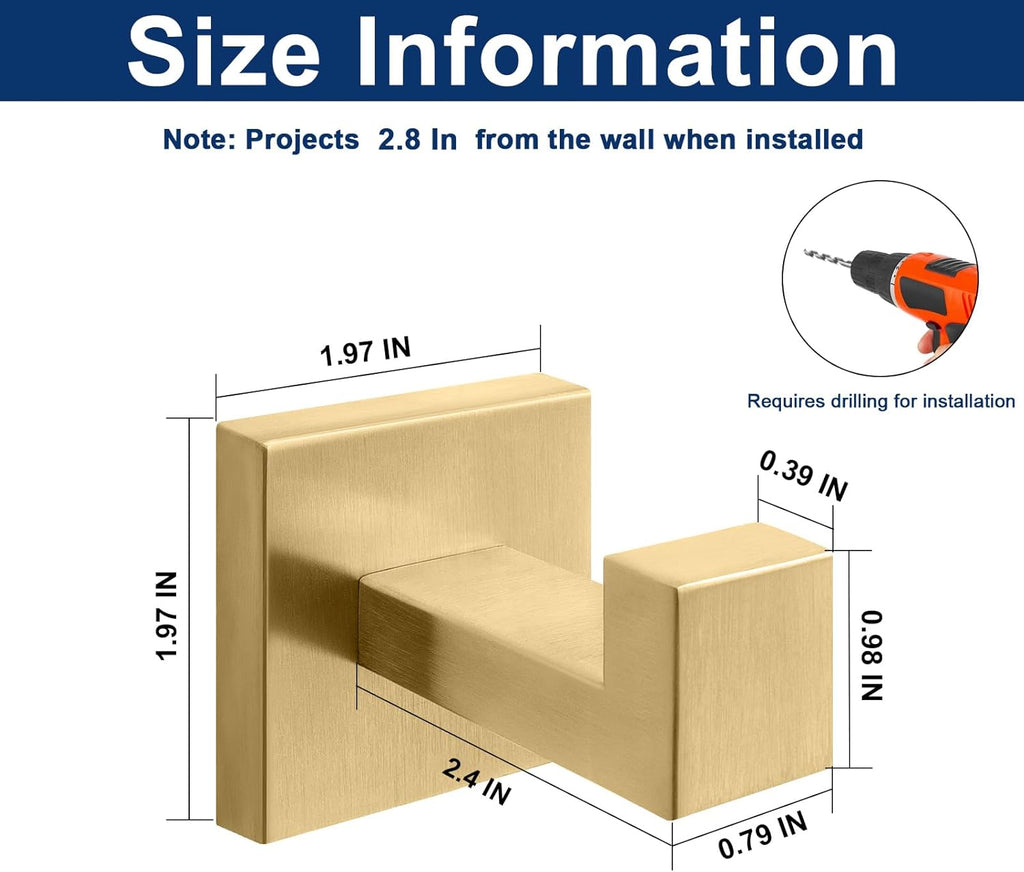 NearMoon Bath Towel Hooks -SUS304 Stainless Steel Square Clothes Robe Hooks Hanger, Heavy Duty Coat Hooks for Bathroom Livingroom Hotel Kitchen Garage, Wall Mounted (3 Pack, Chrome Gold)