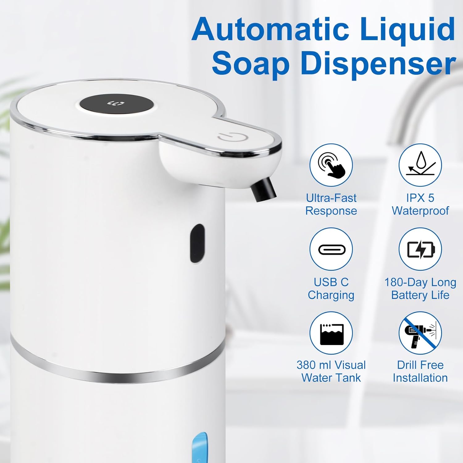 Automatic Liquid Soap Dispenser Touchless, USB-C Rechargeable Hand Soap Dispenser 12.8oz/380ml, 6-Level Adjustable Smart Soap Dispensers Wall Mounted for Bathroom and Kitchen Dish Soap