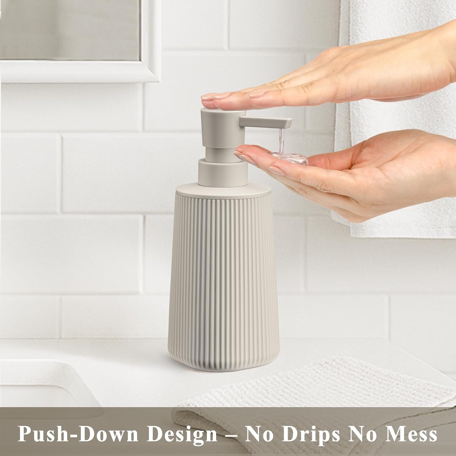 Beige 2 Pack Hand Soap Dispensers with No Rust Pump for Bathroom and Kitchen Countertops Refillable Striped Matte Plastic 8.5 oz