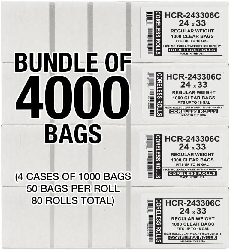 Aluf Plastics High Density Trash Bags, 16 Gallon, 4000 Count, 6 Micron (eq), 24" x 33", Clear, for Bathroom, Office, Industrial, Commercial, Janitorial, Municipal, Recycling