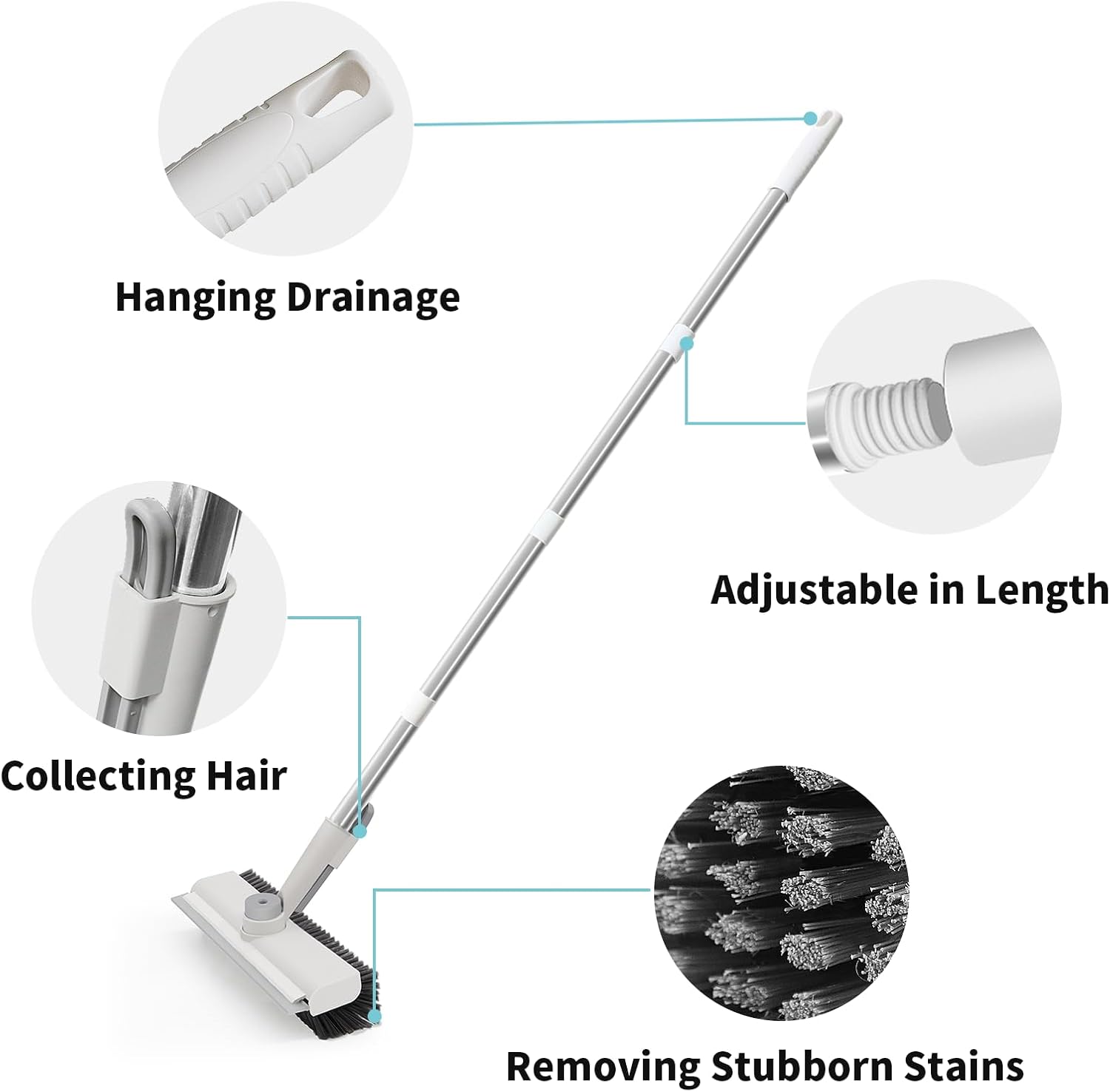 Floor Scrub Brush with Long Handle, 3 in 1 Scrape and Heavy-Duty Stiff Bristle Scrubber Brush for Cleaning Shower Bathroom, Patio, Garage, Kitchen, Wall and Deck (White, 1 Pack)