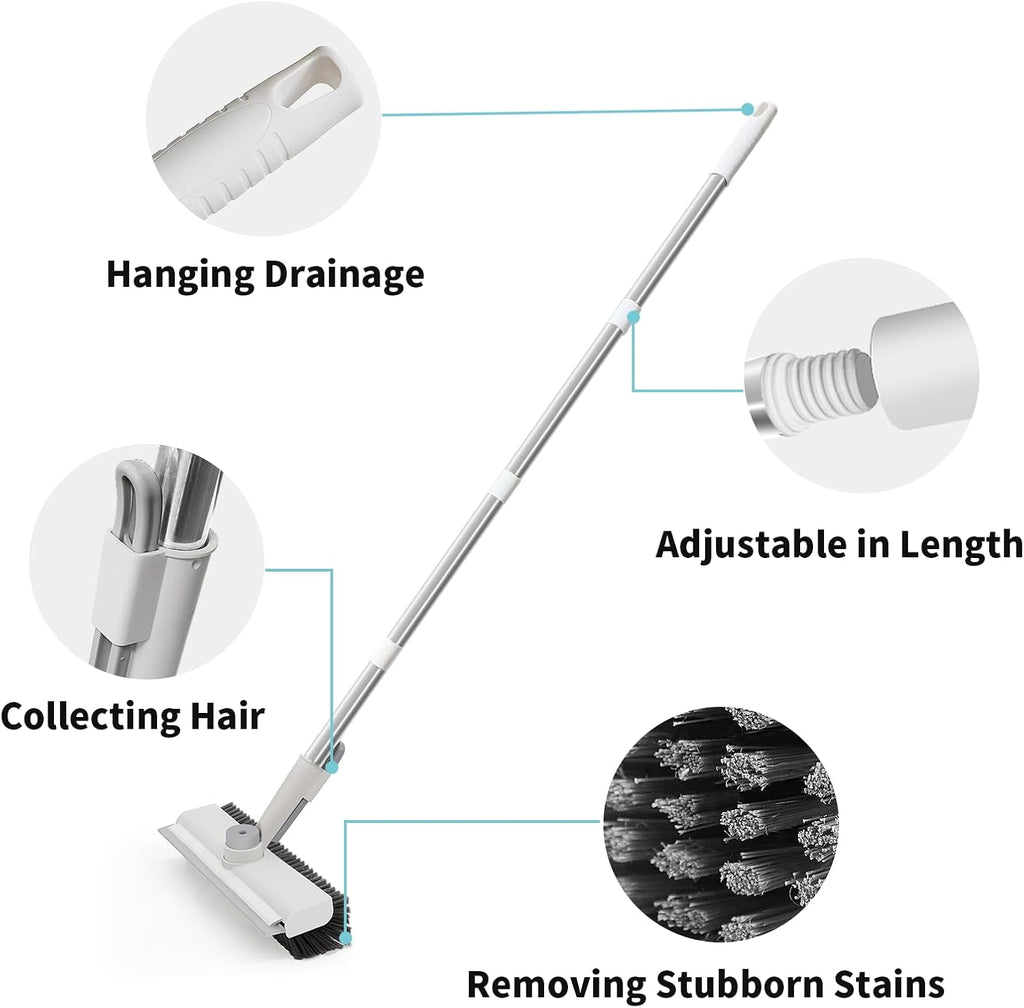 Floor Scrub Brush with Long Handle, 3 in 1 Scrape and Heavy-Duty Stiff Bristle Scrubber Brush for Cleaning Shower Bathroom, Patio, Garage, Kitchen, Wall and Deck (White, 2 Pack)