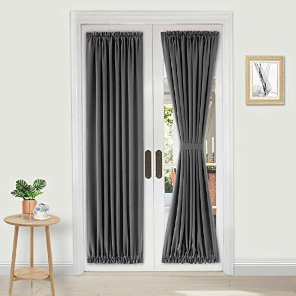 DWCN French Door Curtains – Rod Pocket Thermal Blackout Curtain for Doors with Glass Window, Kitchen and Patio Doors for Privacy, 25 X 72 Inches Long, 1 Curtain Panel with Tieback, Dark Grey