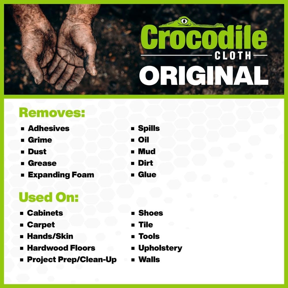 Crocodile Cloth Original Cleaning Wipes – 50 (15” x 10”) Hand & Tool Industrial Cleaning Wipes – Large Multi-Surface Cleaning Cloths, Water-Based Solution with Extreme Cleaning Power — Safe on Skin
