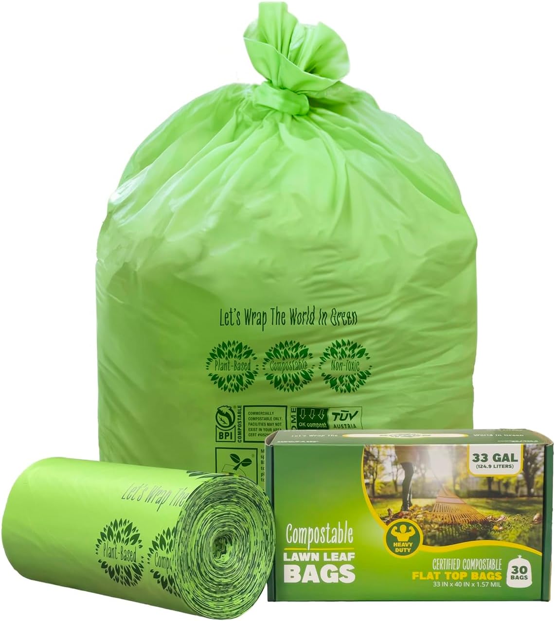 30-33 Gallon Compost Bags 30 Bags Yard Waste Bags Flat-Top Liners Compostable Trash Bags Heavy Duty Extra Thick 1.57 Mil, 124.92 Liter Lawn and Leaf Bags BPI ASTM D6400 and OK Compost Home Certified