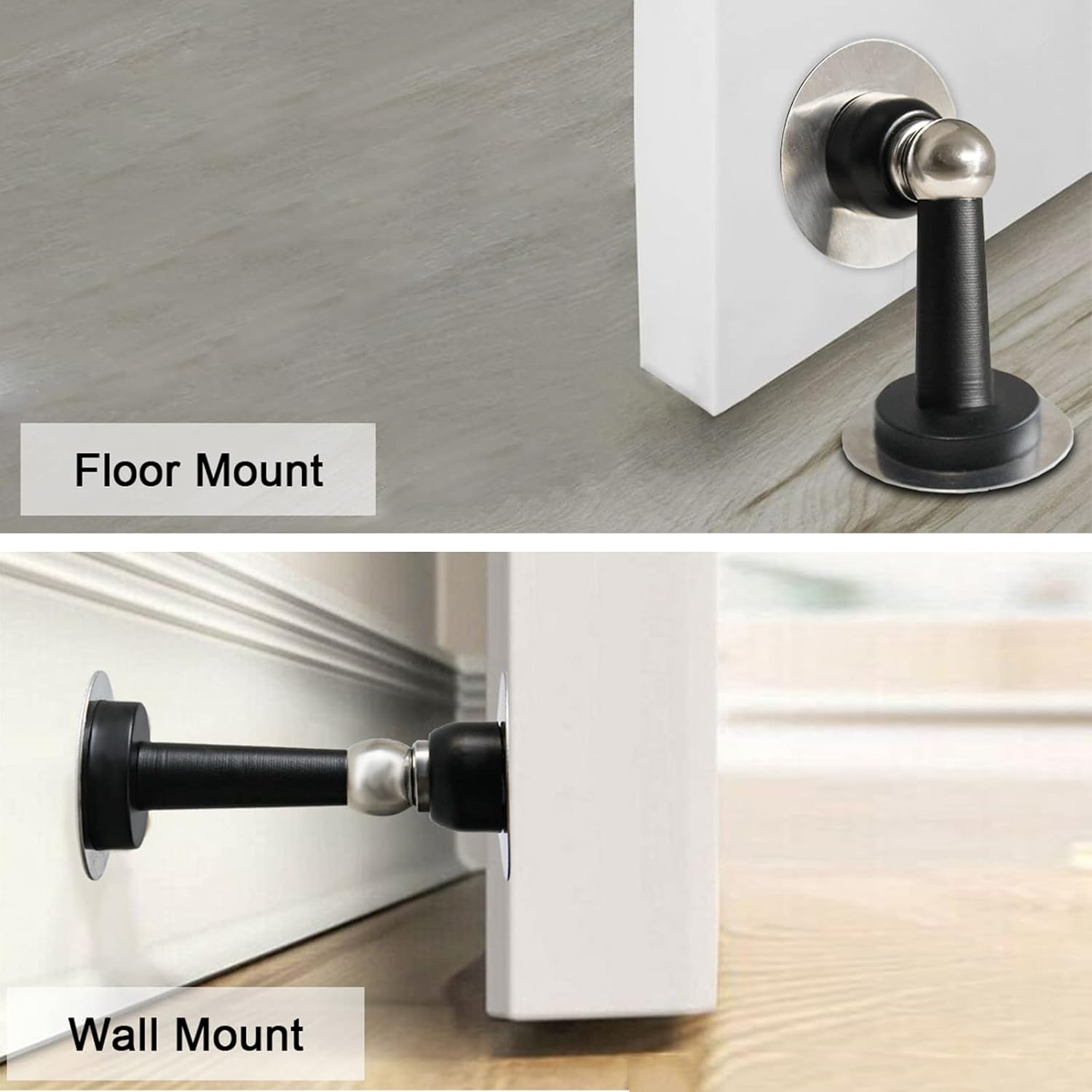 Shackcom Magnetic Door Stop 12 Pack Stainless Steel Door Holders to Keep Door Open Self-Adhesive Tape, Screws for Stronger Wall & Floor Mount for Bedroom Bathroom Kitchen Home Office(Black)