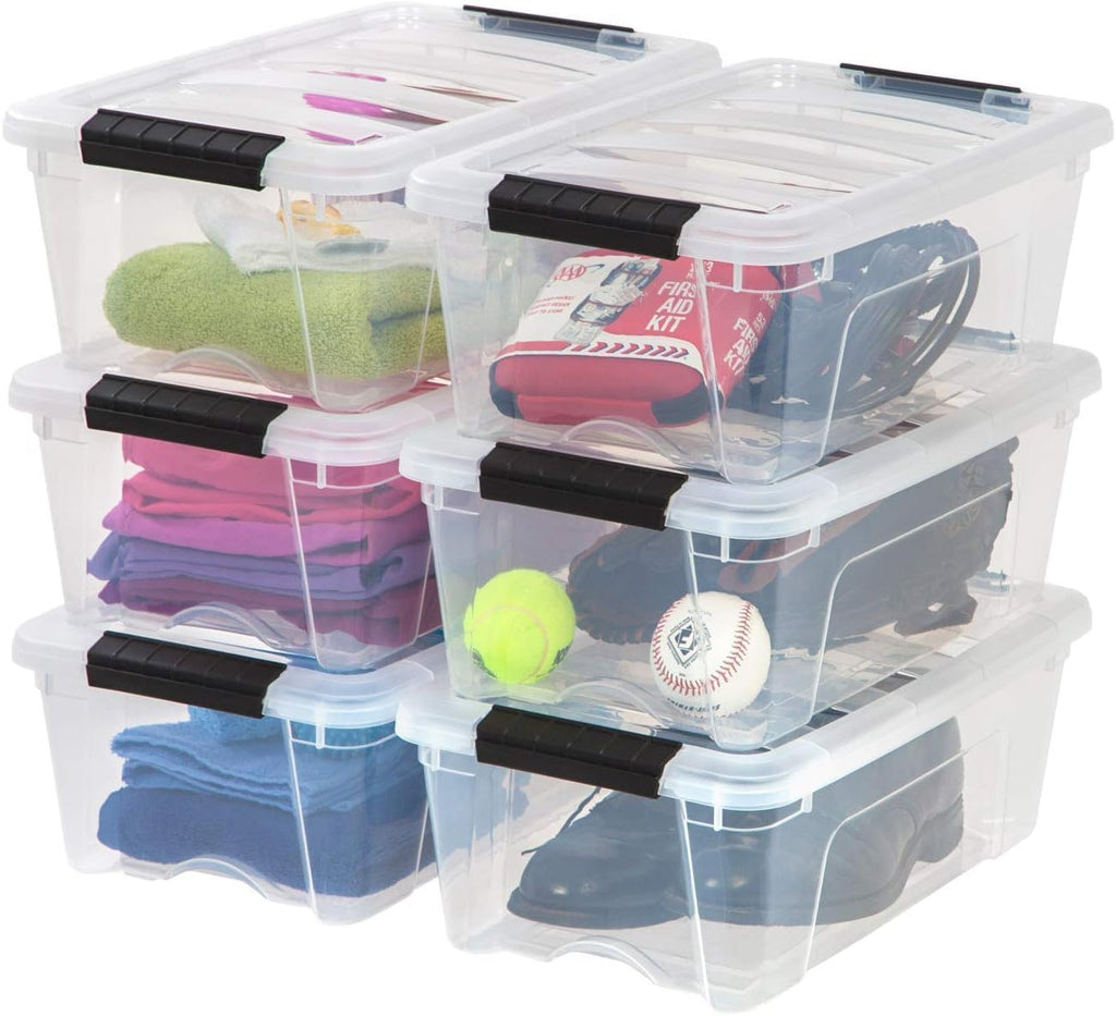 IRIS USA 13 Qt Stackable Plastic Storage Bins with Lids, 6 Pack - BPA-Free, Made in USA - See-Through Organizing Solution, Latches, Durable Nestable Containers, Secure Pull Handle - Clear