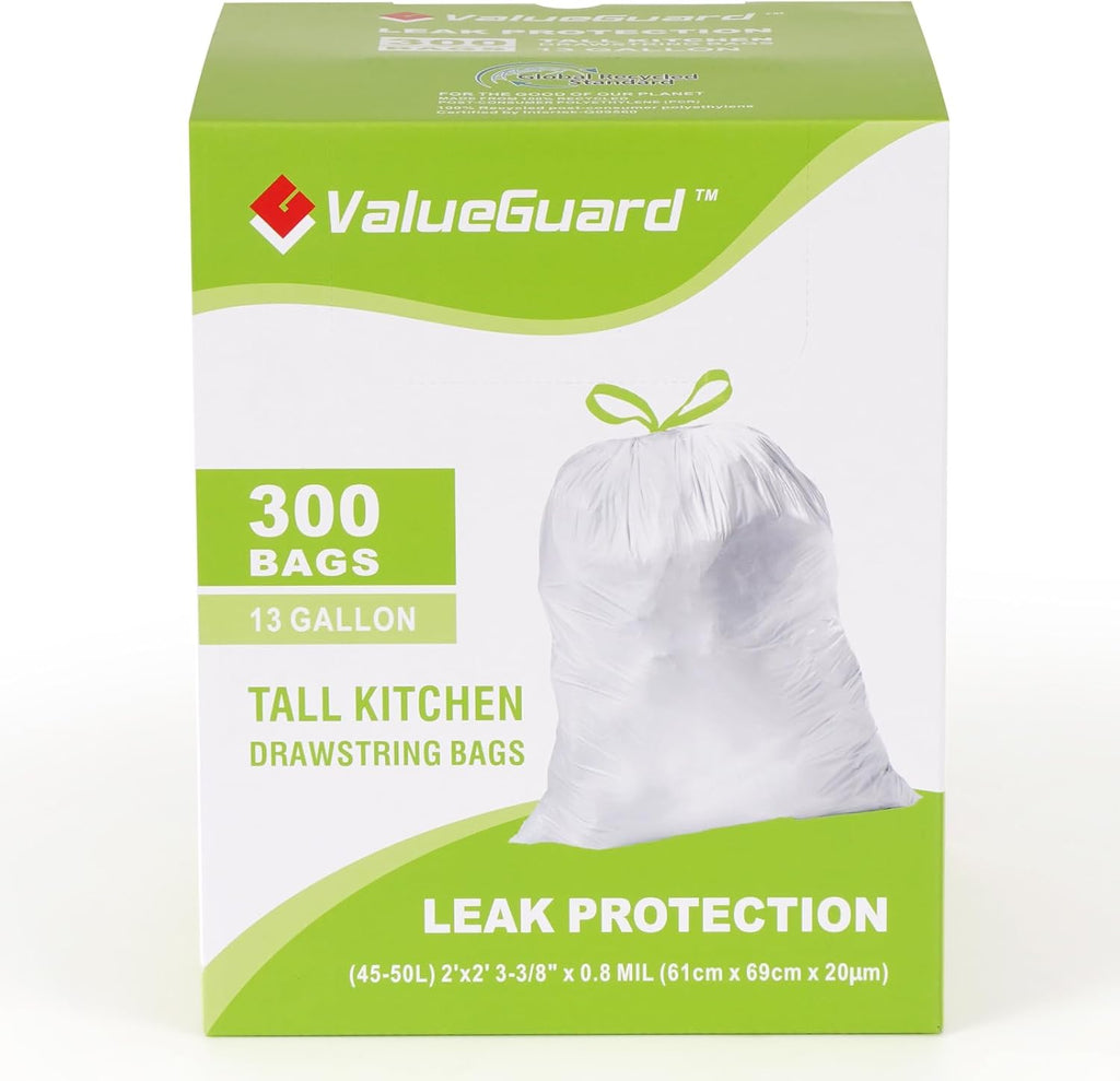 Large Trash Bag 13 Gallon Tall Drawstring 100% Post-Consumer Recycled Garbage Bag Waste Bag for Kitchen Office 0.8 Mil (300 Count)
