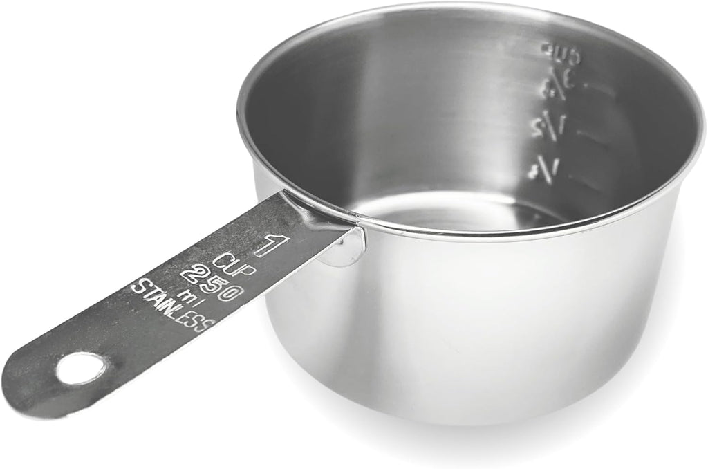1 Cup Stainless Steel Measuring Cup | Sturdy Metal 250 ml | 240 cc | 8 oz | Single Cup for Wet and Dry Ingredients | Great for use as 1 Cup Dog Food Scoop - 1 PK