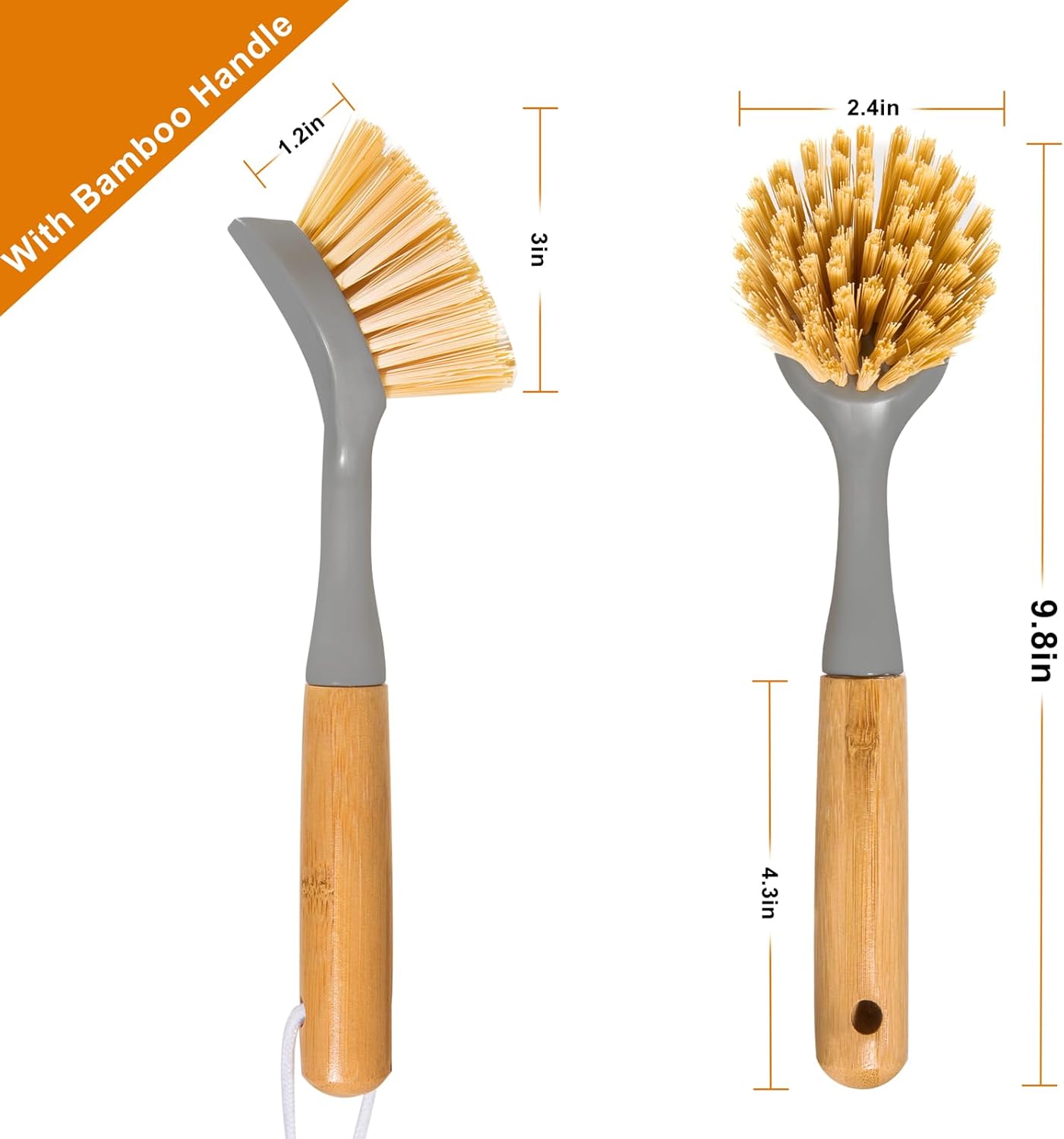 2 Pack Dish Brushes with Bamboo Handle, Kitchen Dish Scrubber Built-in Scraper, Scrub Brush for Pans, Pots, Counter & Kitchen Sink Cleaning, Dishwashing and Cleaning, Perfect Cleaning Tools, Gray