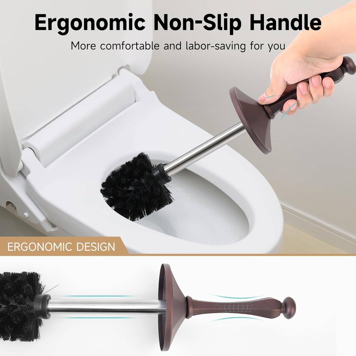 Bronze Toilet Brush and Holder，Extra Long Handled Toilet Brush for Bathroom，Stainless Steel Heavy Duty Toilet Bowl Brush,Deep Cleaning Modern Toilet Cleaner Brush -Space Saving, Covered Brush, Durable