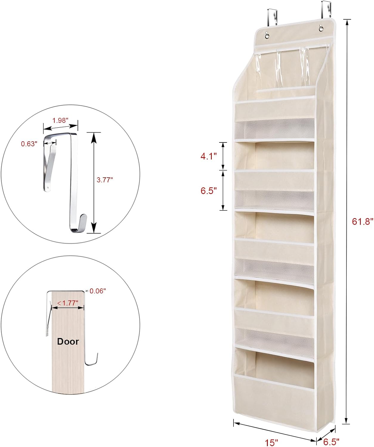 Univivi 6-Shelf Over Door Hanging Organizer Fabric Baby Door Storage with 5 Large Pockets and 3 Small PVC Pockets Wall Mount Hanging Storage Organizers for Baby Essential (Beige)