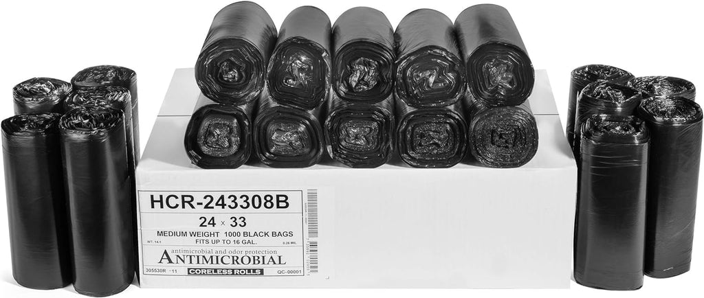 Aluf Plastics High Density Trash Bags, 16 Gallon, 1000 Count, 8 Micron (eq), 24" x 33", Black, for Bathroom, Office, Industrial, Commercial, Janitorial, Municipal, Recycling