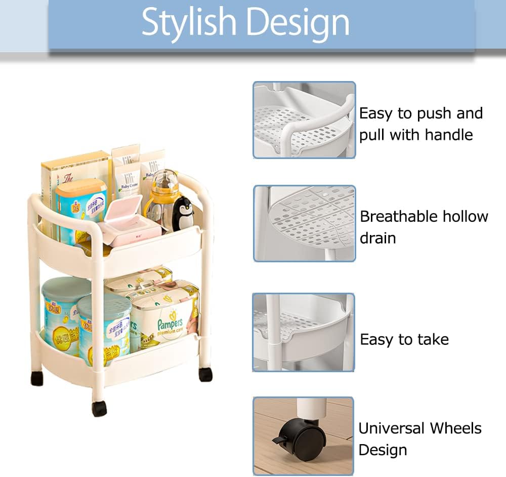 2-Tier Plastic Rolling Utility Cart with Handle Tower Rack Snack Cart with Wheels Multi-Functional Storage Trolley for Kitchen Bathroom Laundry Home Office Living Room Organization, White