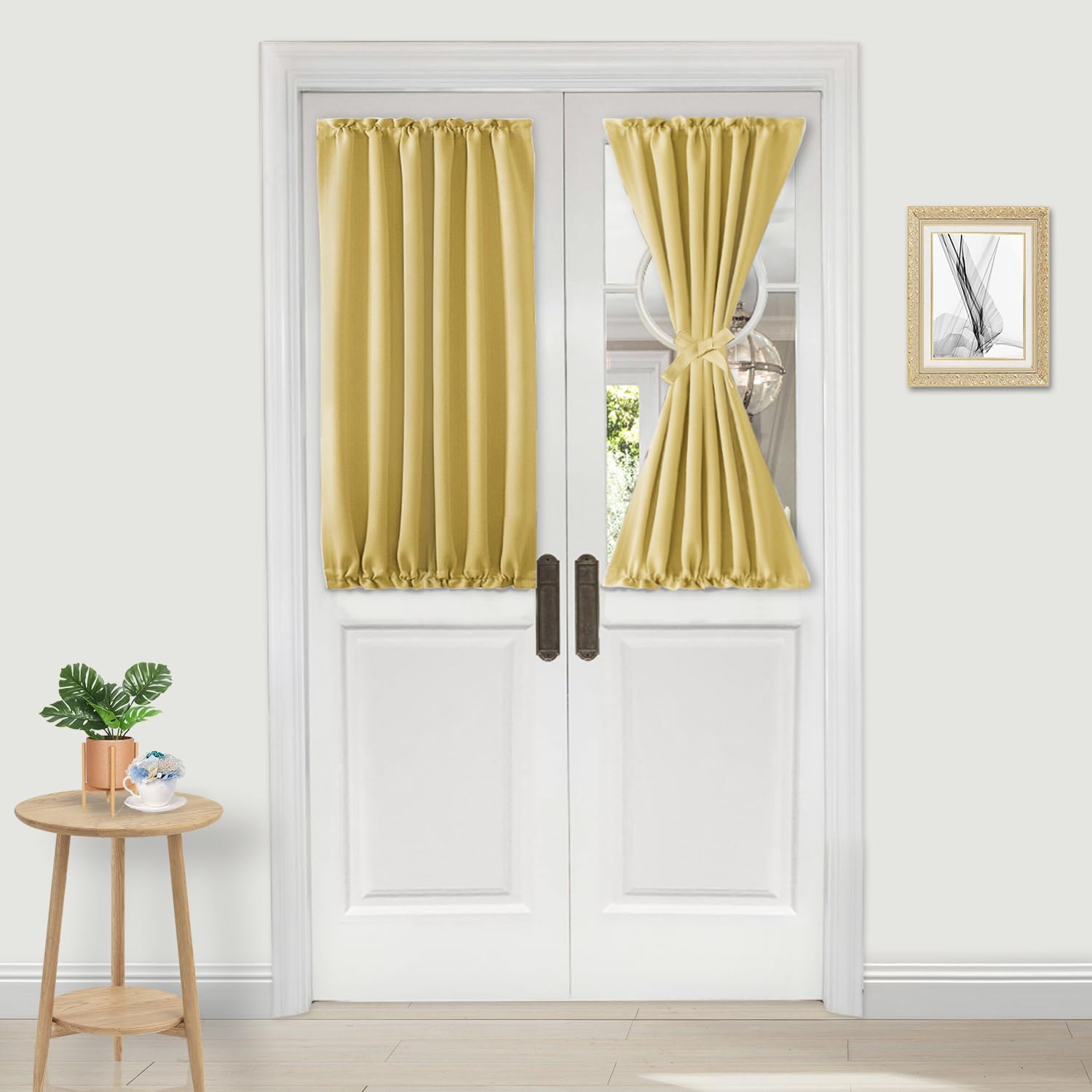 DWCN French Door Curtains – Rod Pocket Thermal Blackout Curtain for Doors with Glass Window, Kitchen and Patio Doors for Privacy, 25 X 40 Inches Long, 1 Curtain Panel with Tieback, Light Yellow