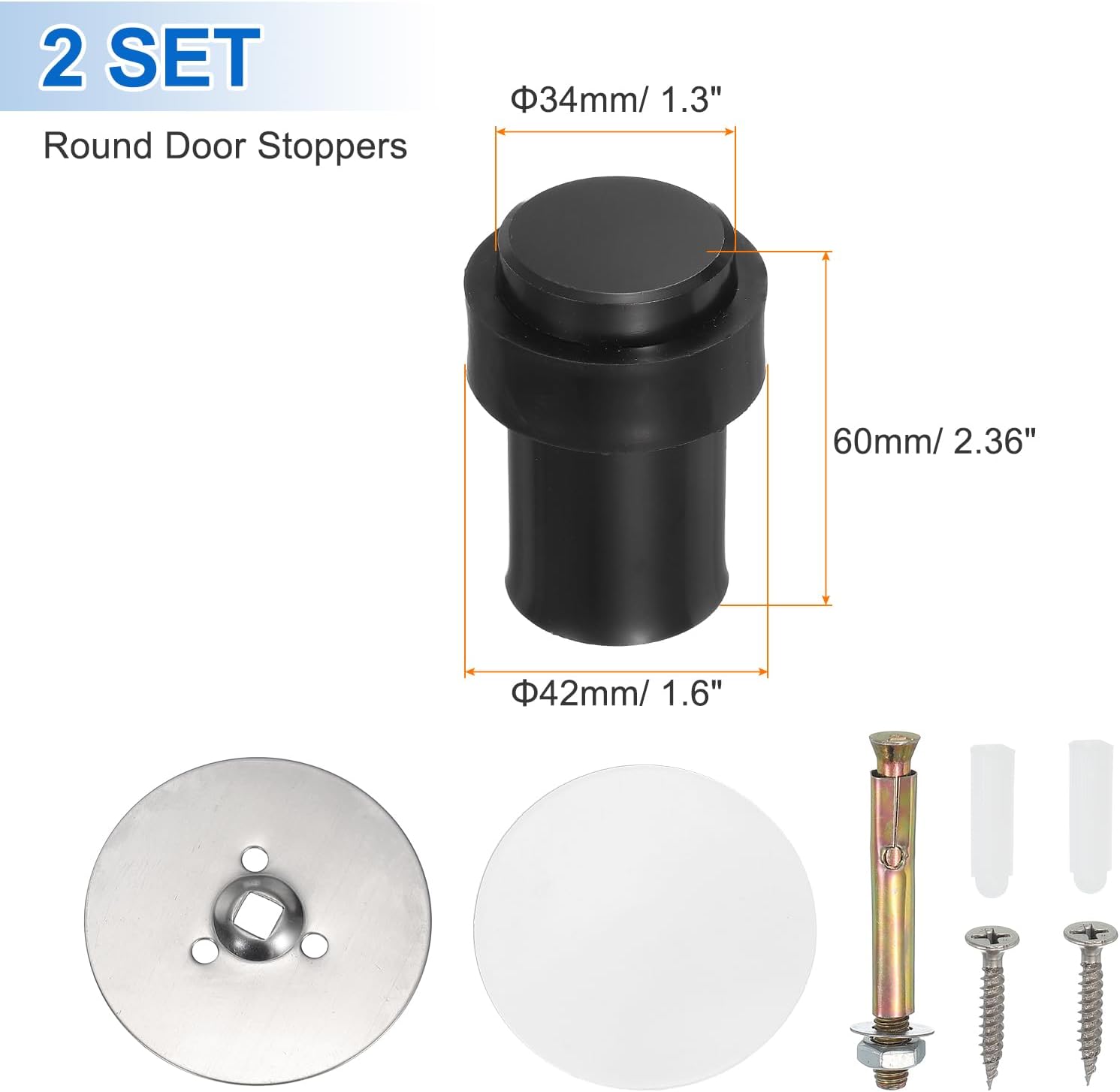 PATIKIL 2Set Round Door Stoppers, 60mm Stainless Steel Door Stop Doorstop Wedge Metal Cylinder Self Adhesive with Screw for Bottom of Door Floor Inside, Black