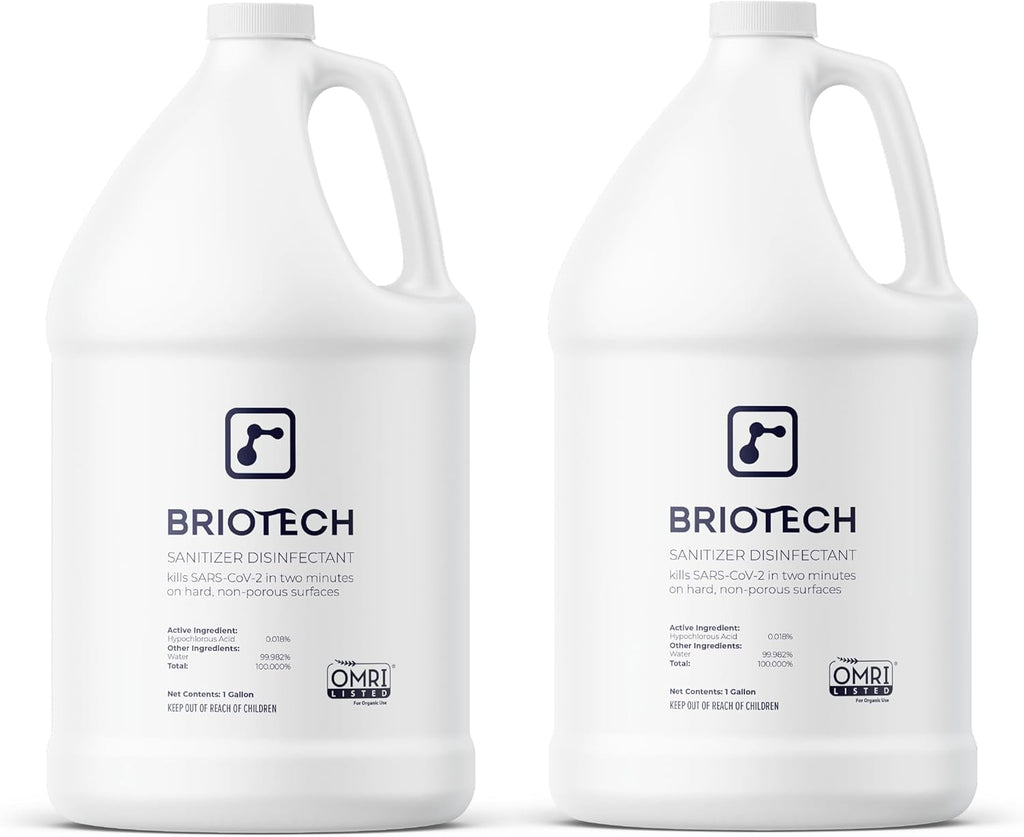 BRIOTECH Sanitizer Disinfectant Hypochlorous, Kill 99.99% of Viruses & Bacteria, Control Mold, Eliminate Odor, Gentle for Nursery & Play Rooms, Food Contact Surface Sanitizer, 1 Gallon Refill (2 Pack)