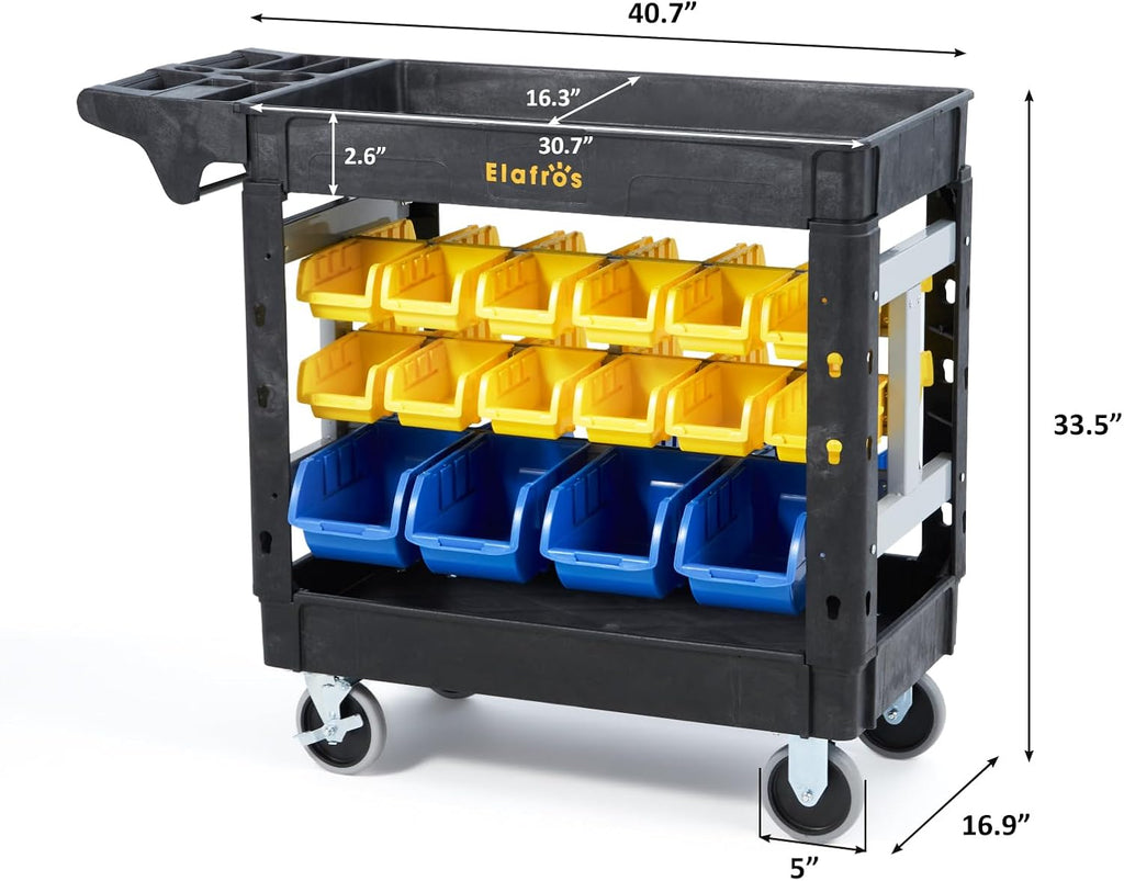 Elafros 2-Tier Utility Cart with 32 Storage Bins – Heavy-Duty Rolling Service Cart with Deep Tub Shelves, Locking Wheels, 550 lbs Capacity, 40.7"x17", for Workshop, Garage, Office