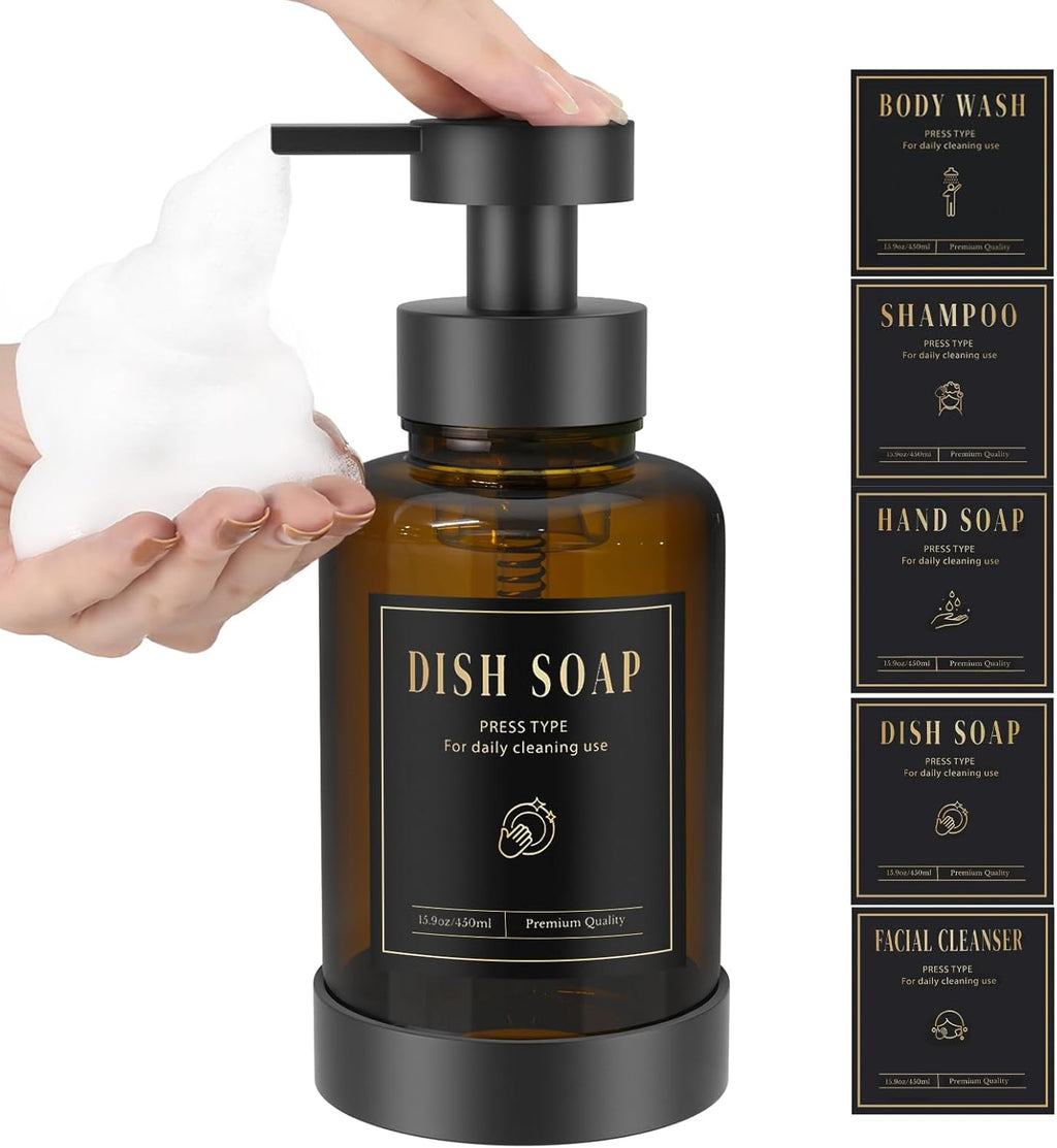Luxspire Foaming Soap Dispenser, Glass Foam Pump Soap Dispenser, Non-Slip Silicone Sleeve & 5 Waterproof Labels, 15 Oz Refillable Liquid Bottle for Bathroom & Kitchen, Amber, 1 Pack