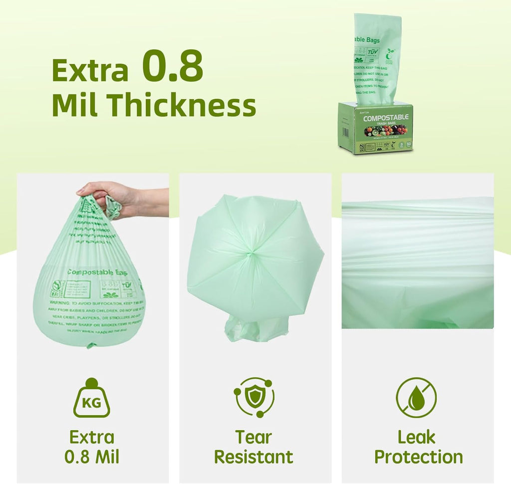 Compostable Trash Bags, Small Compost Bags 3 Gallon, Extra Thick 0.8 Mils, 16.9" x 17.7", 50 Count, Compostable Food Scrap Bags for Kitchen Waste, Green Bin Liners for Garbage Disposal