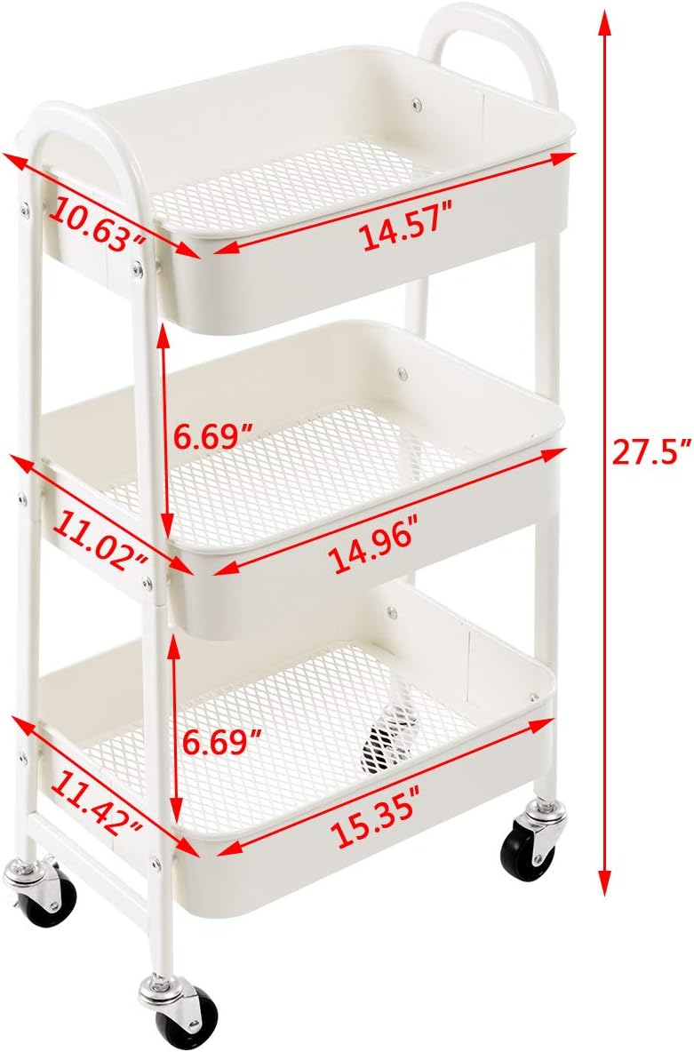 AGTEK Makeup Cart, Movable Rolling Organizer Cart, White 3 Tier Metal Utility Cart