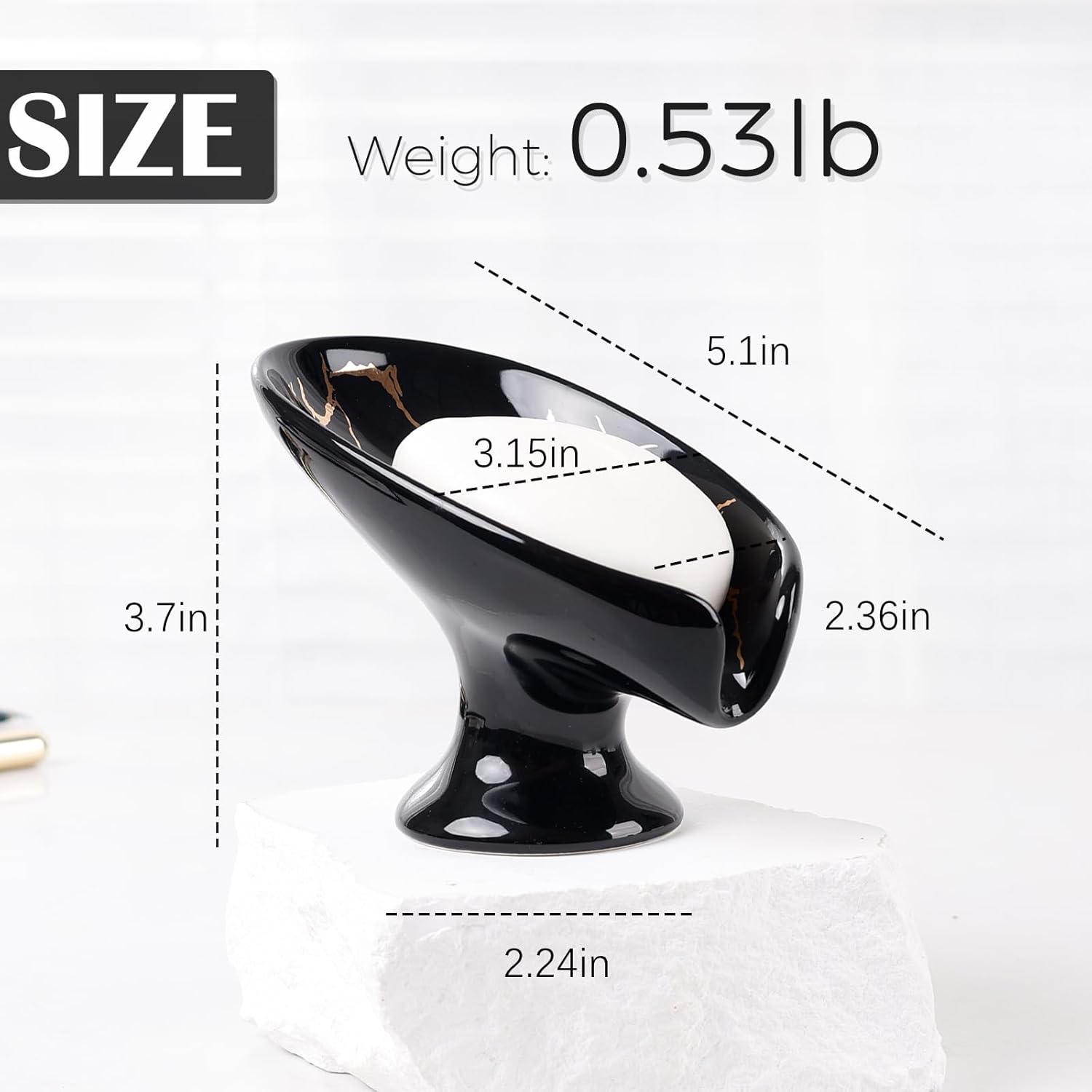 Soap Dish, Ceramic Soap Holder Self Draining Leaf Shape Bar Soap Holder, Marble Look Black Drain Soap Dish Holder for Bathroom, Easy to Clean Keeps Soap Dry, ANTIS'S HOME