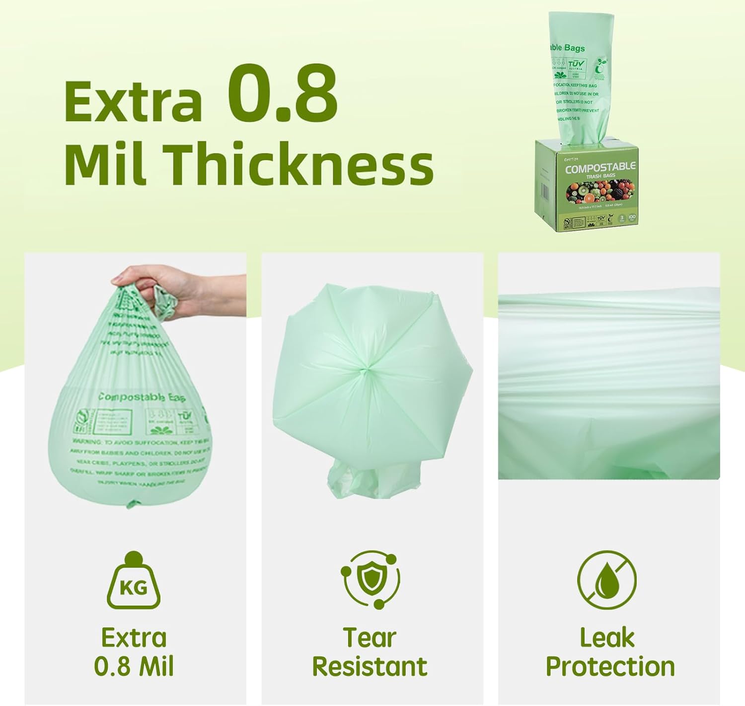Compostable Trash Bags 3 Gallon, Extra Thick 0.8 Mils, 100 Count, ASTM D6400, BPI, OK Compost Home Certified, Small Kitchen Compost Bags,Green Bin Liners for Food Waste and Composting