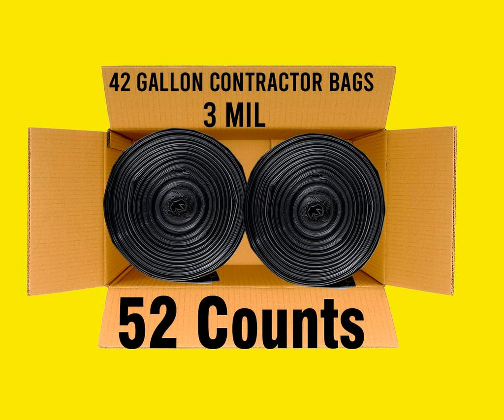 Contractor Heavy Duty Trash Bags 42 Gallon | 52 Count | 3 MIL | 32.8" X 46" | Large Black Flap Tie Construction Garbage Bags for Business Home Commercial, Industrial, Storage, Outdoor