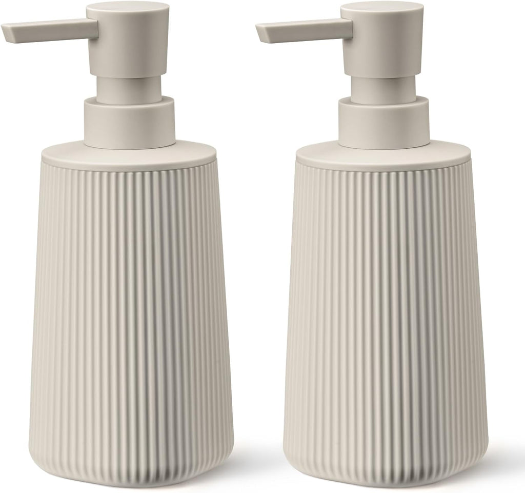 Beige 2 Pack Hand Soap Dispensers with No Rust Pump for Bathroom and Kitchen Countertops Refillable Striped Matte Plastic 8.5 oz