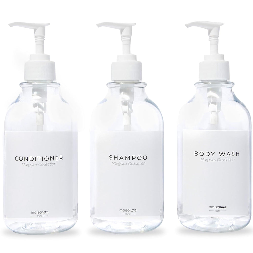 MaisoNovo Refillable Shampoo and Conditioner Bottles | 16.9 fl oz Set of 3 Clear Plastic Bottles White Pumps