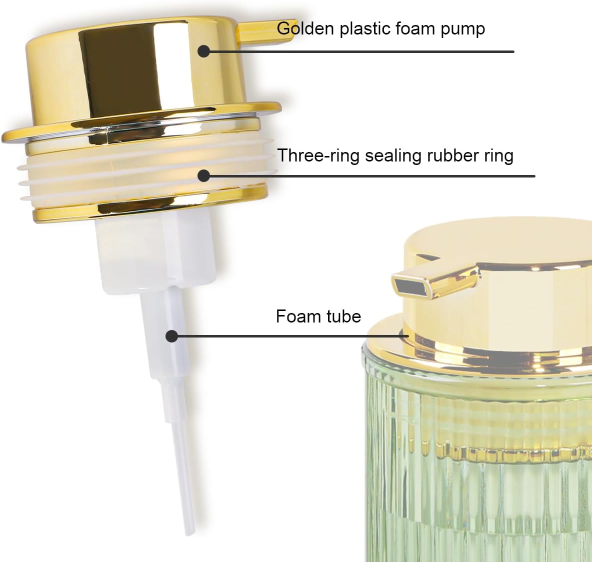 Green Foaming Soap Dispenser, 12 Oz Glass Foaming Hand Soap Dispenser with Gold Pump, Bathroom Refillable Liquid Lotion Container Pump Ribbed Bottle for Kitchen Bathroom Decor, 2pc