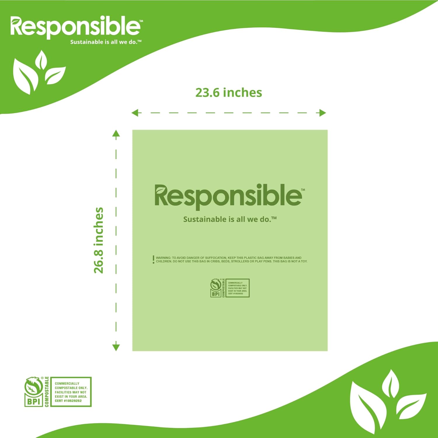 Responsible Products Kitchen Bin Liners, Certified Compostable, Heavy Duty Multipurpose Food Scrap Bags, Made from Compostable Materials (13 Gallon, 13 Gallon (38 Count))