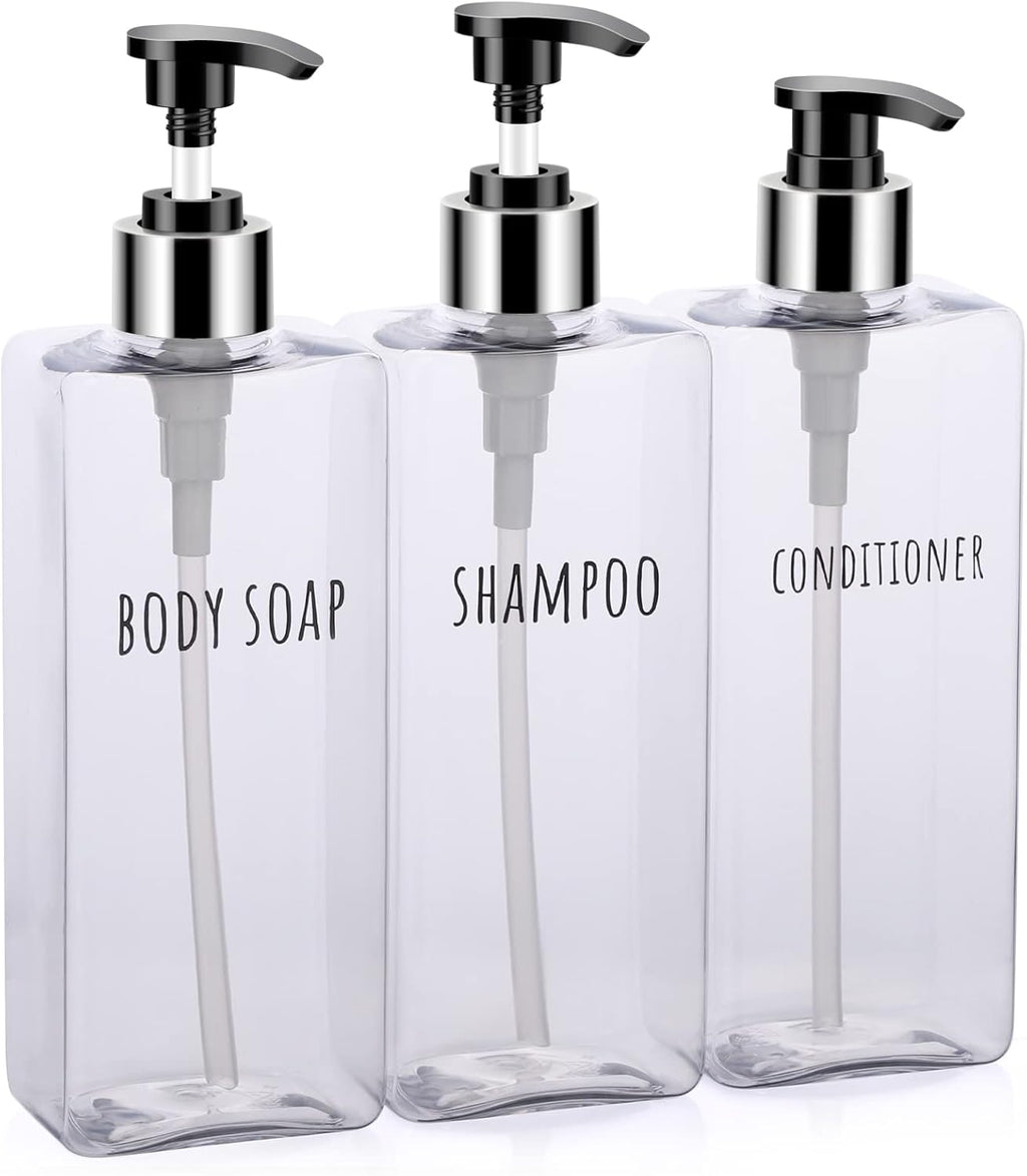 Segbeauty 3pcs Clear Soap Dispenser, 16.9oz Refillable Shampoo Conditioner Bottles, 500ml Empty Plastic Square Body Wash Dispenser for Shower Bathroom Press Pump Bottle Liquid Container Set