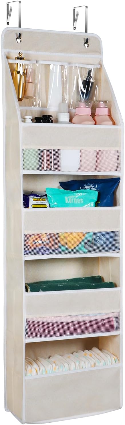 Univivi 5-Shelf Over Door Hanging Organizer Fabric Door Storage with 4 Large Pockets and 3 Small PVC Pockets Wall Mount Hanging Storage Organizers for Baby Nursery (Beige Pattern)