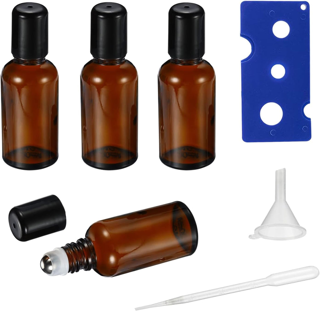 15ML Roller Bottles for Essential Oil, 4 Pack Empty Amber Glass Roller Bottle for Perfume Oil, Roll on Bottles with Stainless Steel Roller Balls, Opener, Funnel and Dropper