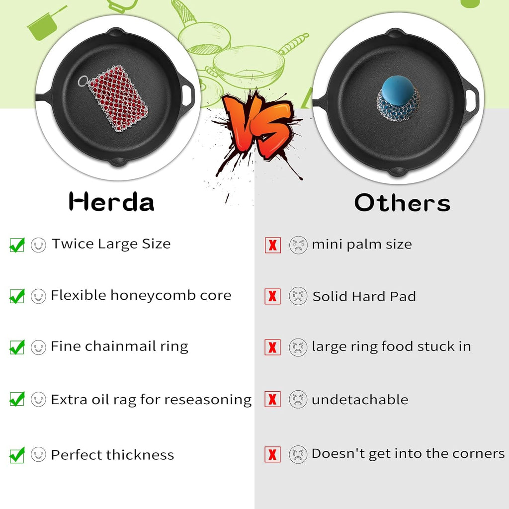Herda 316L Cast Iron Scrubber Cleaner, Large Cast Iron Chain Mail Scrubber - Chainmail Scrubber Sponge - Metal Skillet Scrubbing, Wok, Dutch Oven Cleaning Kit