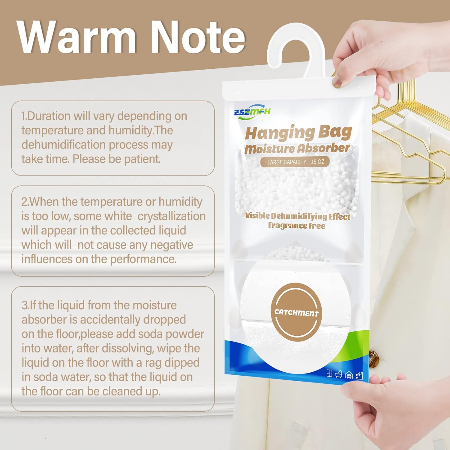 ZSZMFH 8 Pack Moisture Absorber Hanging Bags, Fragrance Free Humidity Packs, 15 OZ Dehumidifier Bags Effectively Trap Extra Moisture,Hanging Closet Dehumidifier Bags-425g/pack