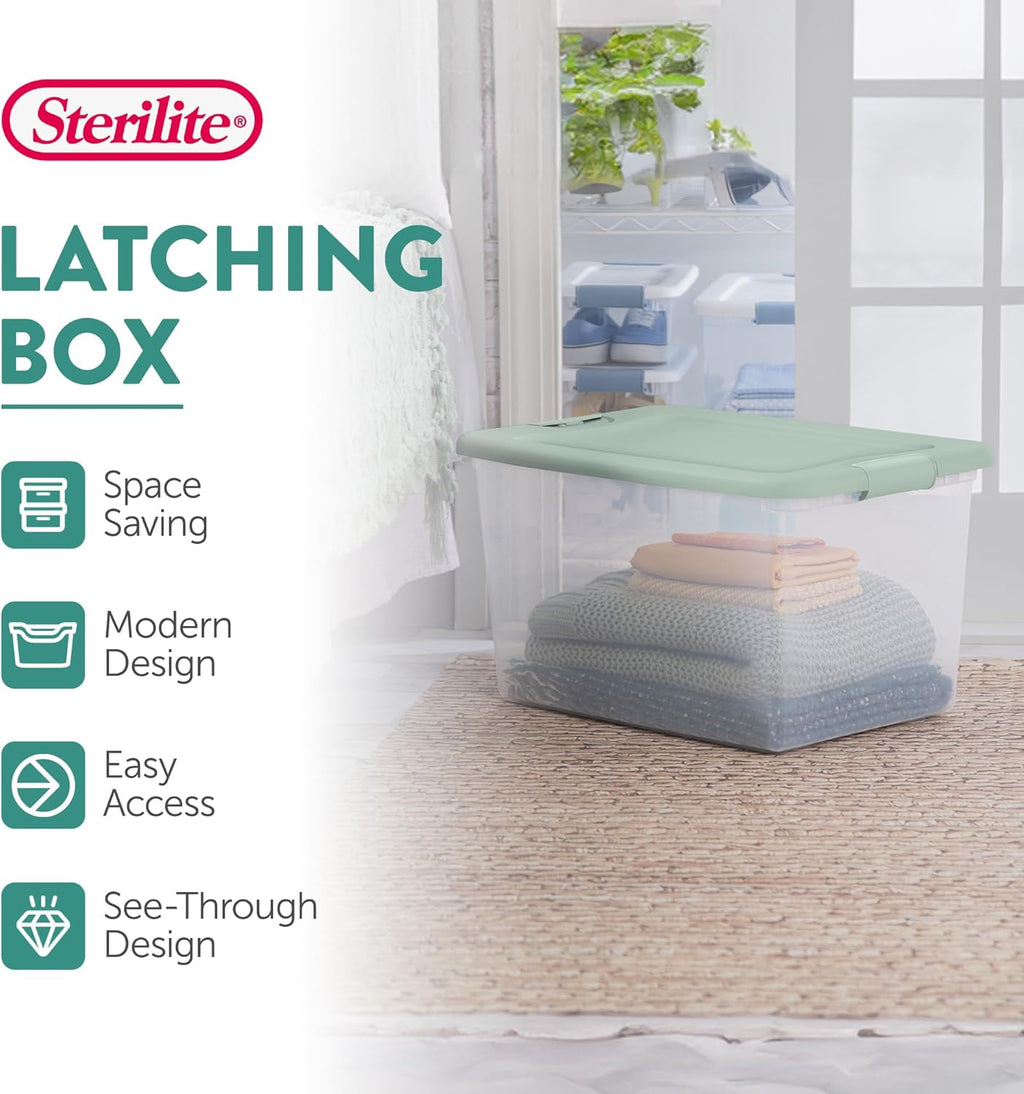 Sterilite 12 Pack Latching Box, Clear Plastic Stackable Storage Bin with Lid, 64 Quart, Mindful Mint