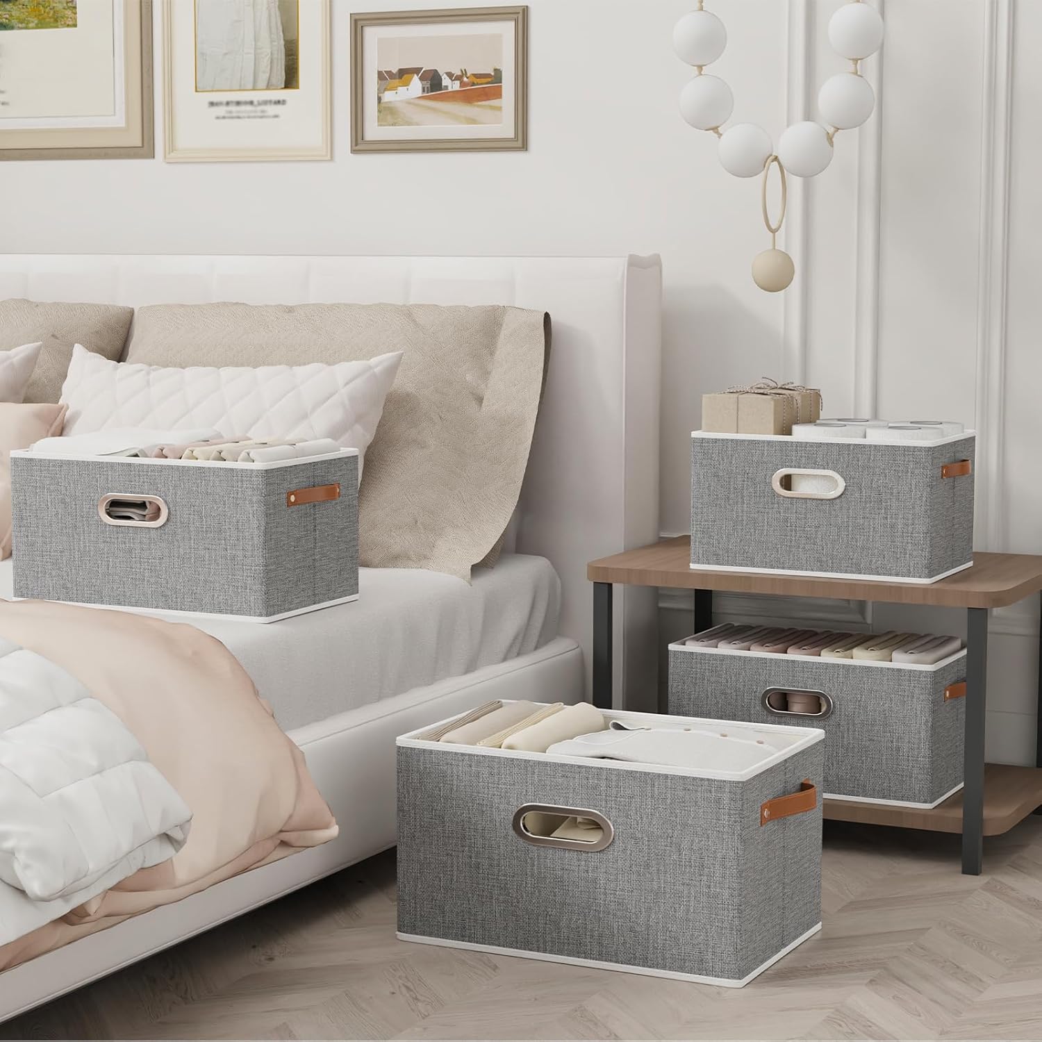 Yawinhe Fabric Storage Baskets, Foldable Closet Organizer for Shelves, Large Boxes with 3 Handles, Canvas Bins for Clothes, Grey, 12.99''Lx9.05''Wx7.87''H, 4-Pack