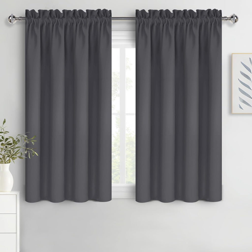 DWCN Kitchen Blackout Short Curtains for Bedroom 45 Inch Length 2 Panels Set, Solid Thermal Insulated Energy Saving Rod Pocket Window Treatment Curtains Blackout Draperies (W52 x L45 Inch, Dark Grey)