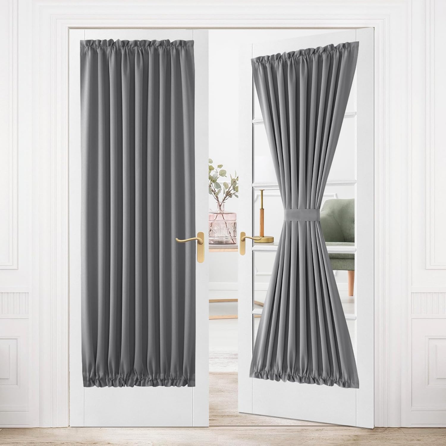 DWCN French Door Curtains – Rod Pocket Thermal Blackout Curtain for Doors with Glass Window, Kitchen and Patio Doors for Privacy, 36 X 80 Inches Long, 1 Curtain Panel with Tieback, Grey