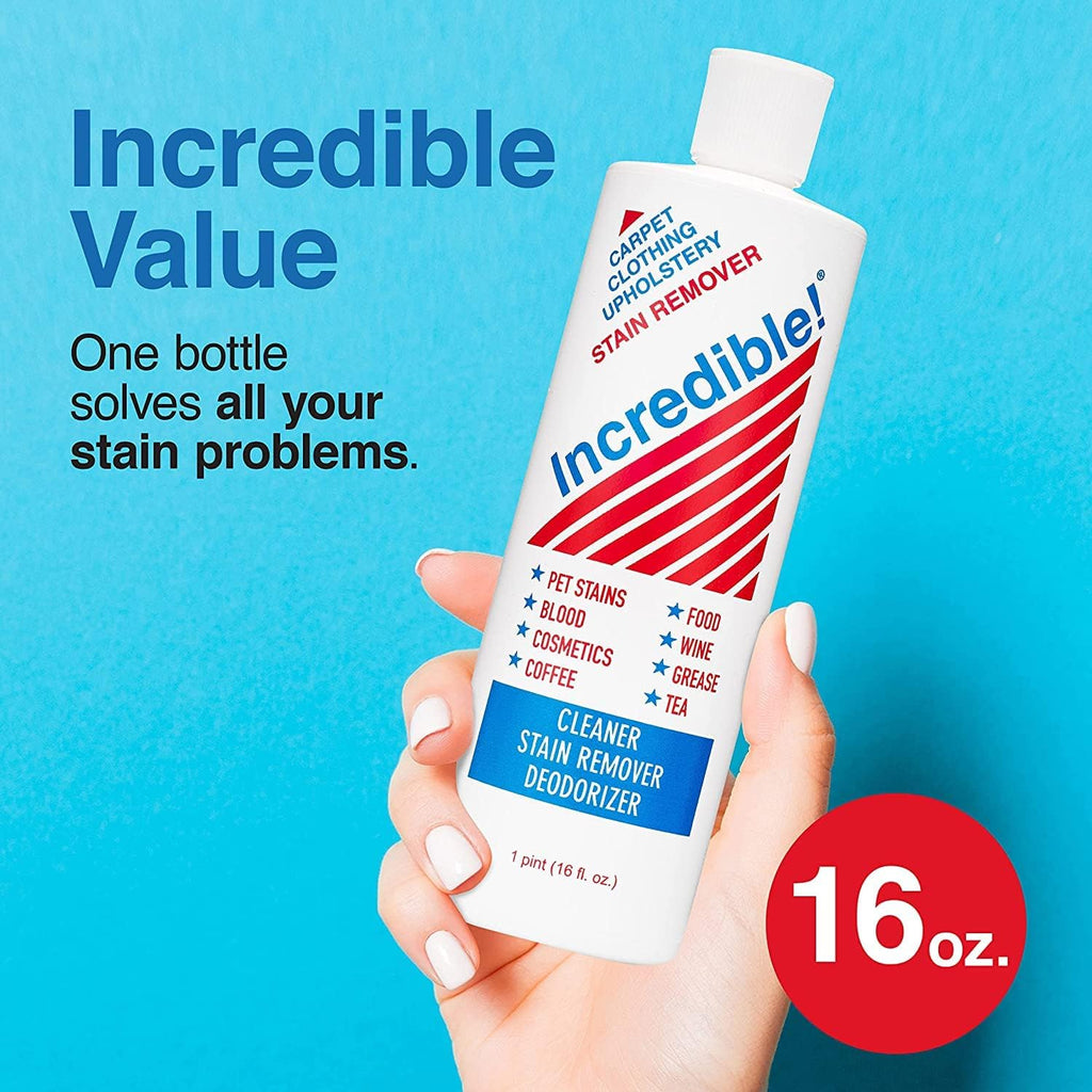 INCREDIBLE! Stain Remover - Instant Spot Remover For New and Old Stains - Blood, Red Wine, Coffee, Urine, Cosmetics, Pet Stains and Odor Eliminator - Carpets, Mattress, Laundry, 16.oz (2 Pack)