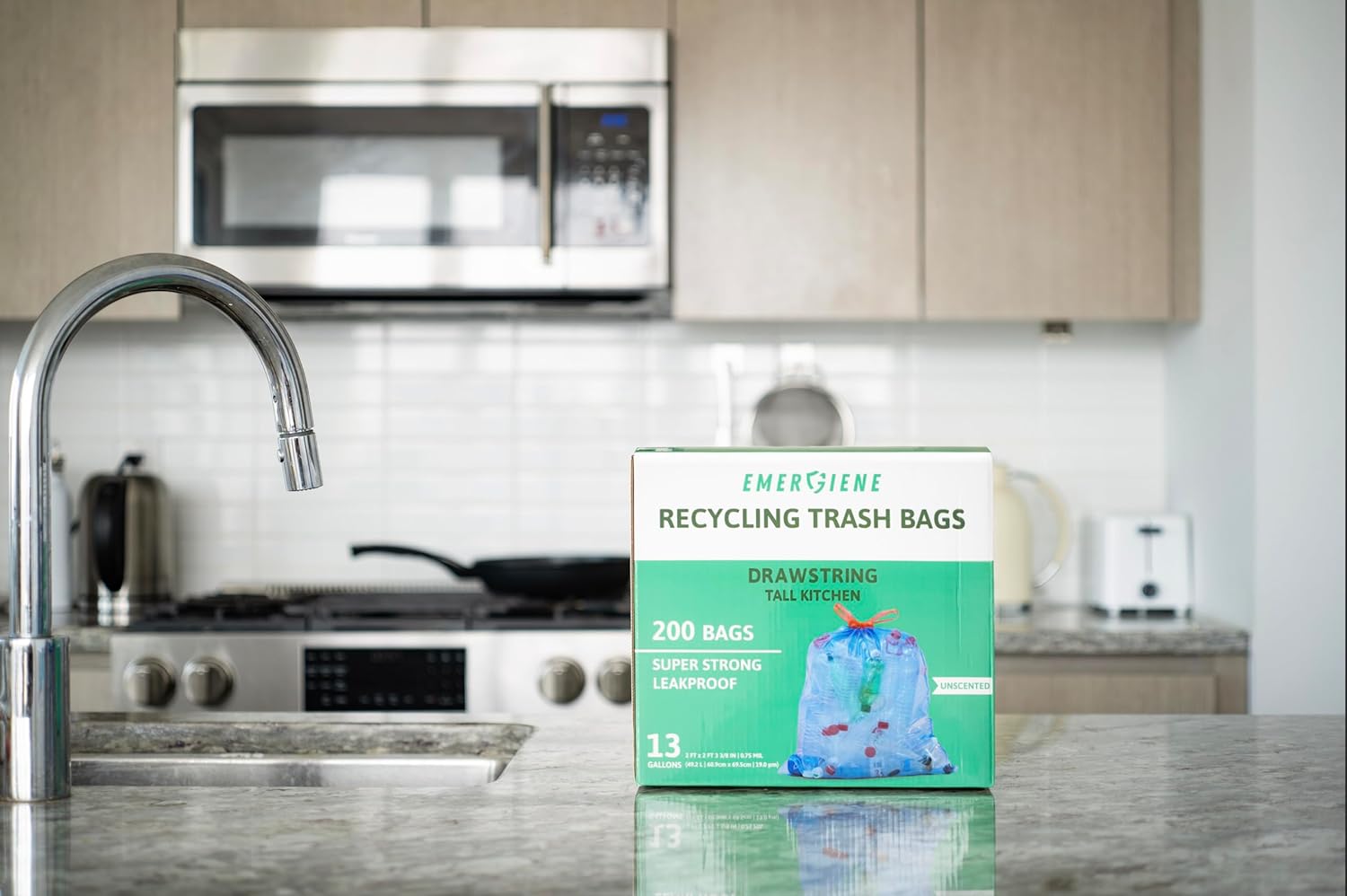 13 Gallon Recycling Trash Bags, 200 Count Drawstring Tall Kitchen Garbage Bags, Pre-Separated, Unscented, Ultra Strong, Leakproof, Sturdy, Translucent Blue