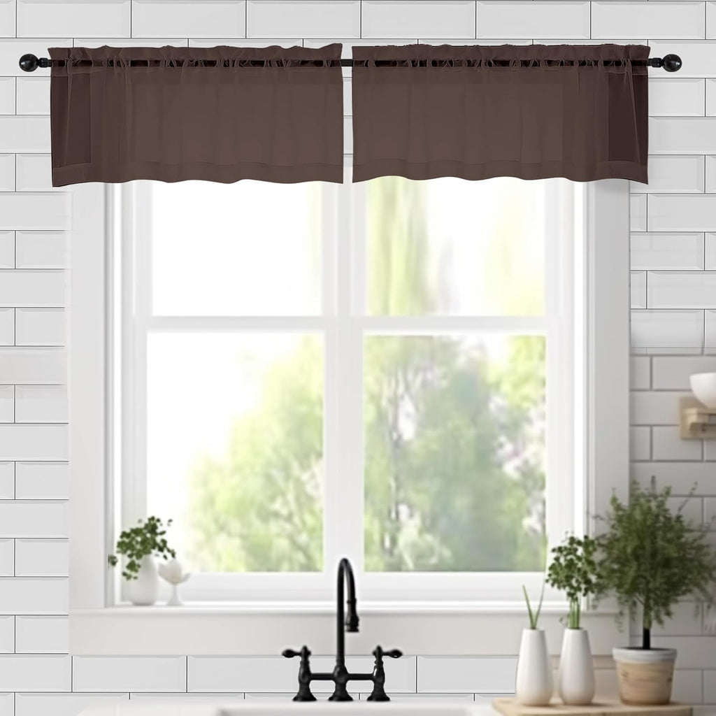 Chyhomenyc Sheer Valances for Windows 2 Pieces, 42Wx14L Inches Brown Small Window Valance for Living Room Bathroom Cafe Laundry Basement, Elegant Chocolate Rod Pocket Voile Valance