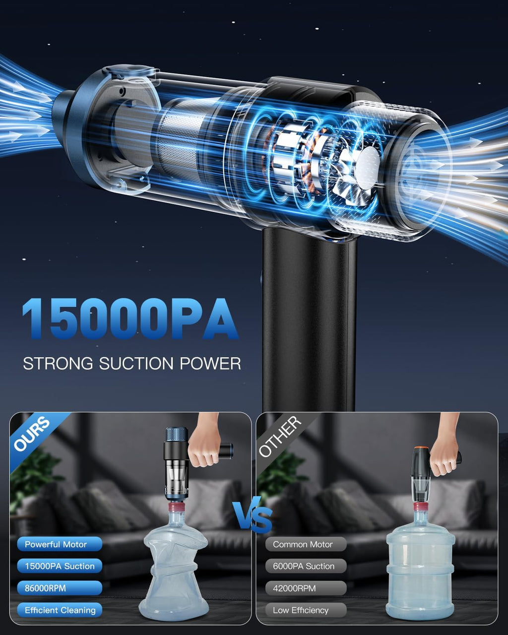 EYYA Handheld Car Vacuum Cleaner Cordless, 15000PA High Power Vacuum & Air Duster, 4-in-1 Portable Mini Vacuum with LED Light, Hand Held Vacuum Cleaner for Car Home Office