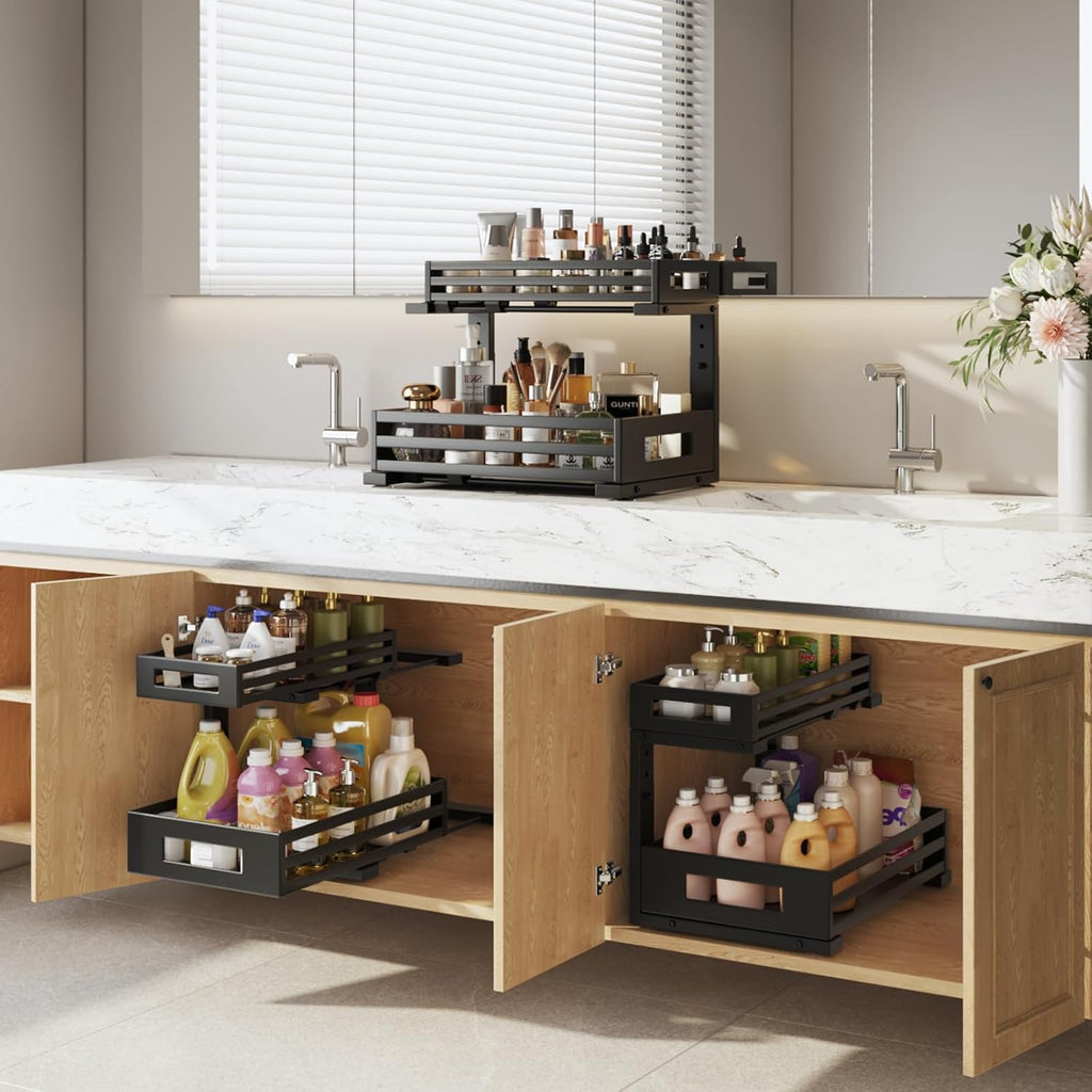 1-Pack Under Sink Organizers and Storage,2-Tier L Shape Pull Out Cabinet Organizer With Round Tube Slide Rails,Hight Adjustable Slide Out Drawers for Kitchen&Bathroom,Multi-Purpose Storage Shelf-Black